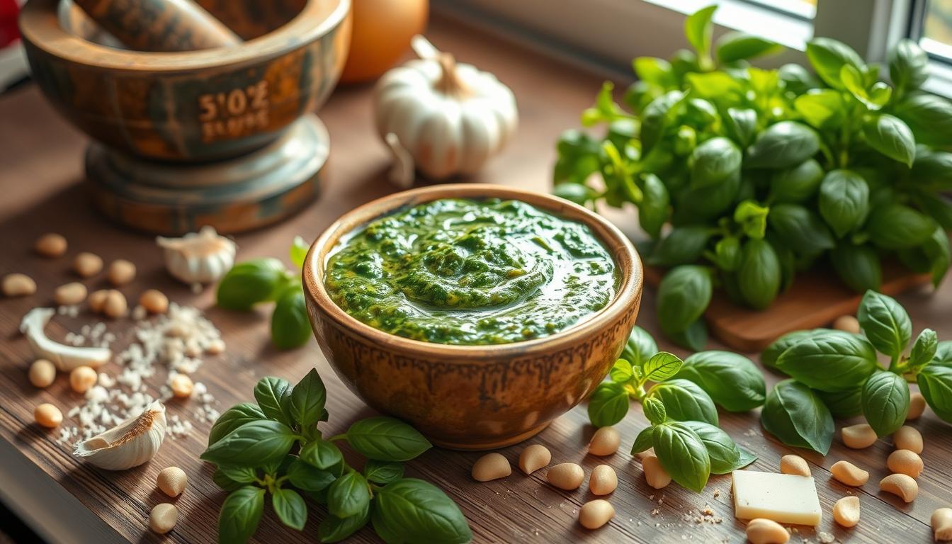Receta de pesto con piñones casero italiano